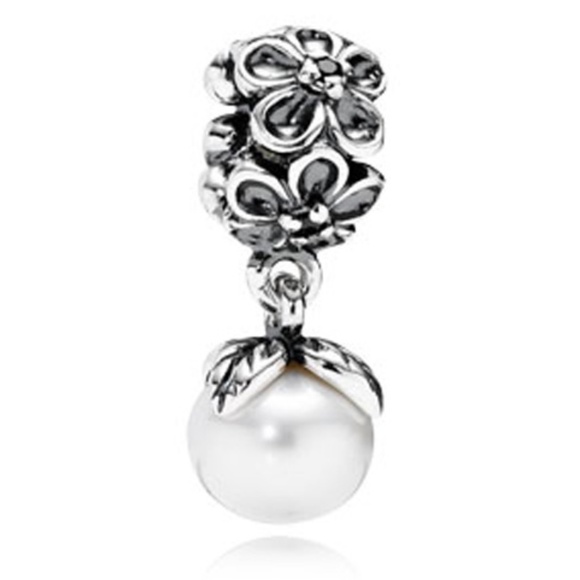 Pandora Forever Bloom Dangle White Pearl Sterling Silver W/ Black Zirconia Gems - Picture 1 of 4
